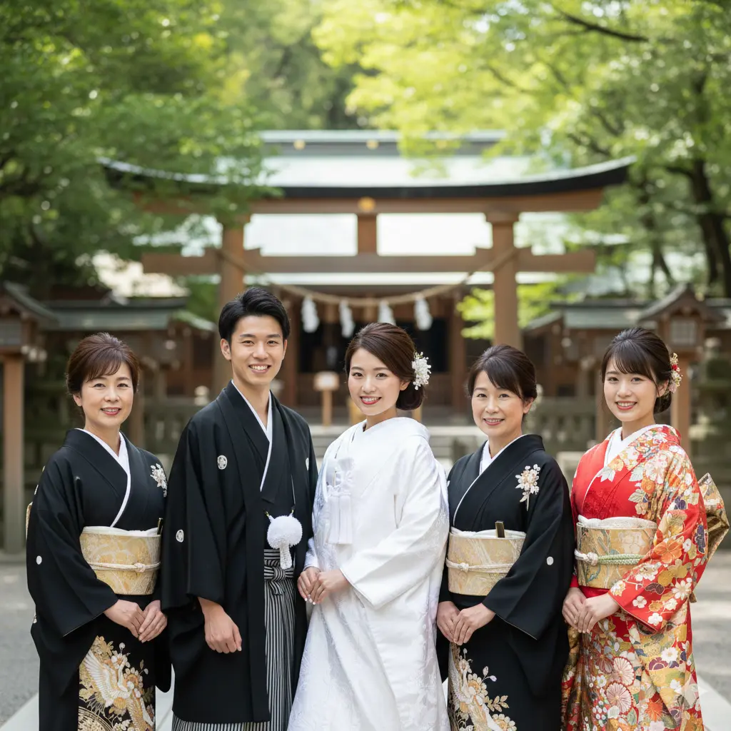 IMG_0134 神社での挙式、白無垢 紋付袴での結婚式、家族写真、シニヨンヘアの新婦と留袖の母親と振袖の女性。