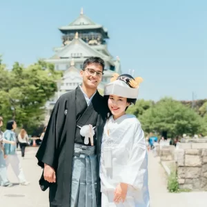 白無垢着付けとヘアメイクのJolie万梨恵がお支度担当、大阪城での撮影